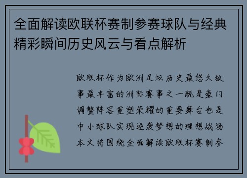 全面解读欧联杯赛制参赛球队与经典精彩瞬间历史风云与看点解析